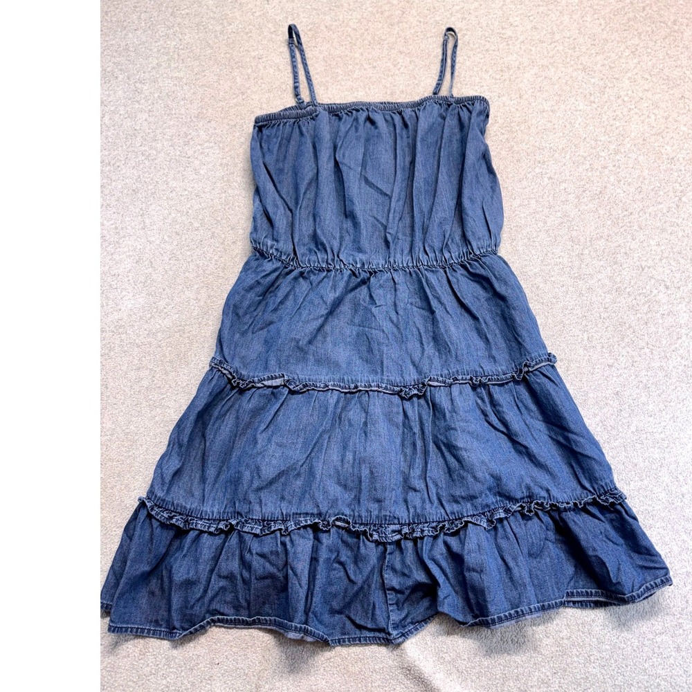 Express Womens Medium Chambray Tiered Ruffle Dress Blue Spaghetti Strap Sundress